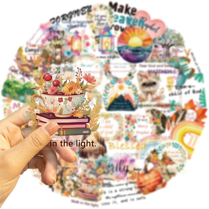 50PCS Cartoon Inspirational PET Sticky Sticker Aesthetic Tear Open DIY Children's Decoration Scrapbooking Stationery Supplies