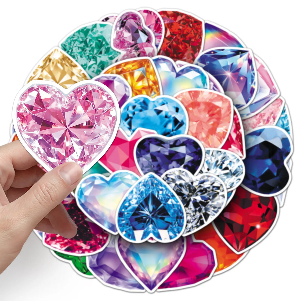 50PCS Glitter Heart Diamond Stickers, Colorful Cool Student Stationery Phone Notebook Cup DIY Waterproof Sticker