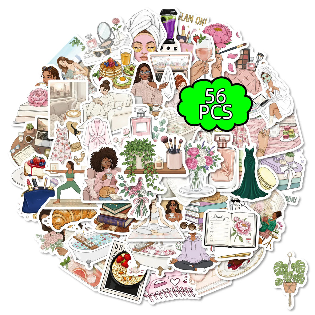 56PCS Elegant Women's Life Stickers Waterproof DIY Decals for Office Supplies Stationery Laptops Suitcases Fridge Notebook Decor