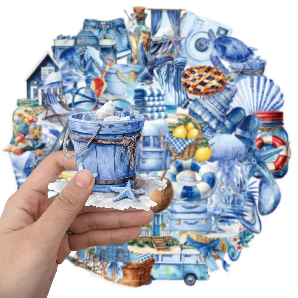 50PCS Summer Beach Blue Cartoon Decorative Stickers DIY Graffiti Skateboard Phone Case Tablet Decorative Toy Stickers