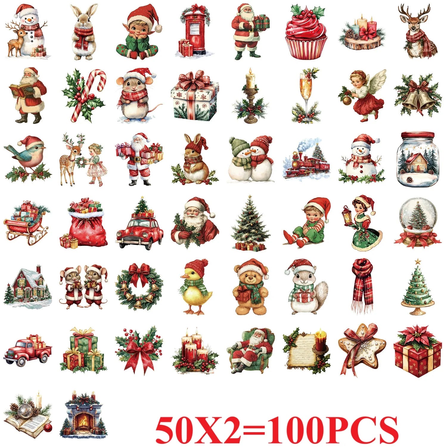 50/100PCS Cartoon Festival Retro Christmas Sticker Pack Waterproof Transparent PET Booklet Decorative Guitar Notebook