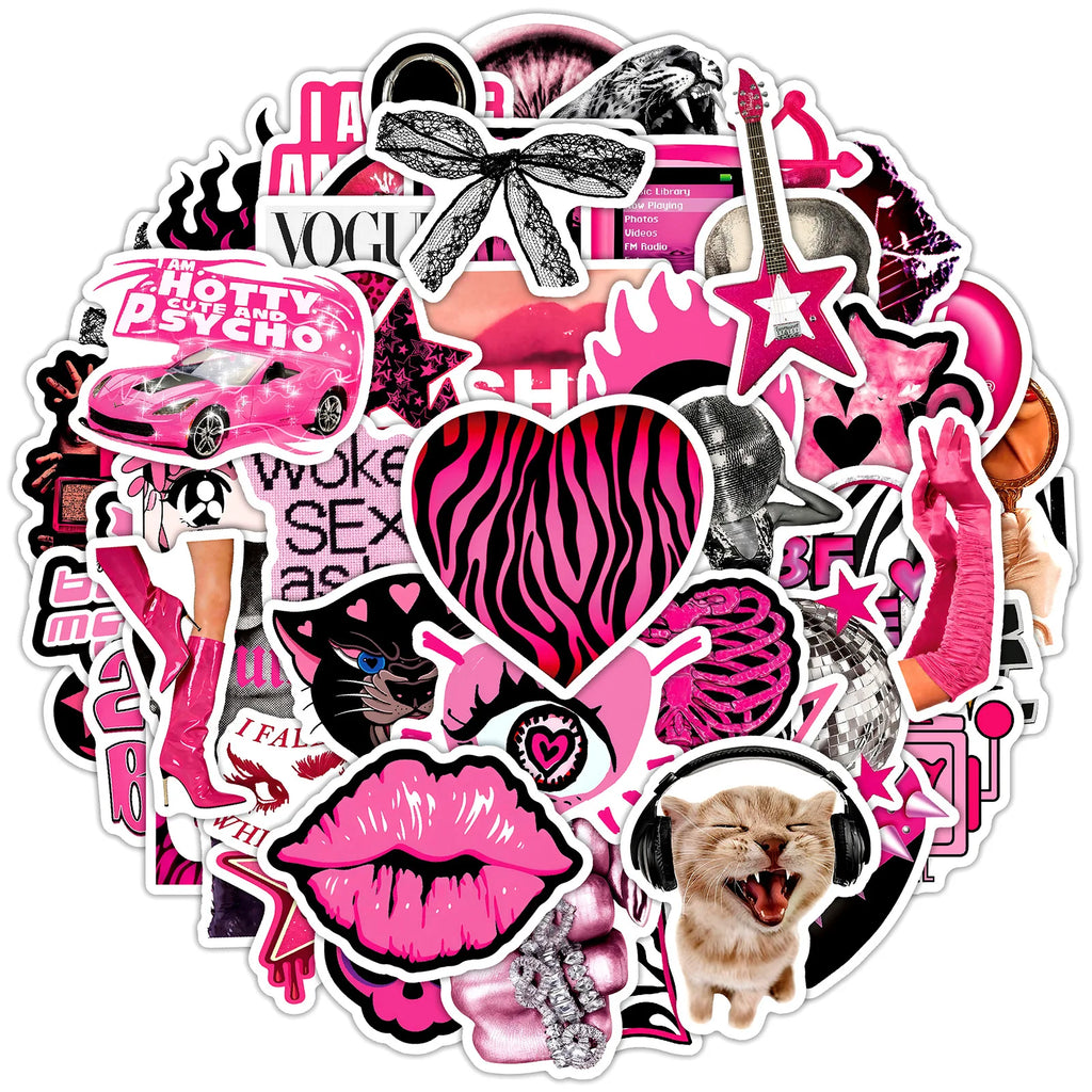 50/100Pcs Retro Y2K Black Pink Cool Ins Stickers DIY for Skate Helmet Suitcase Guitar Window Furniture File Holder Waterproof