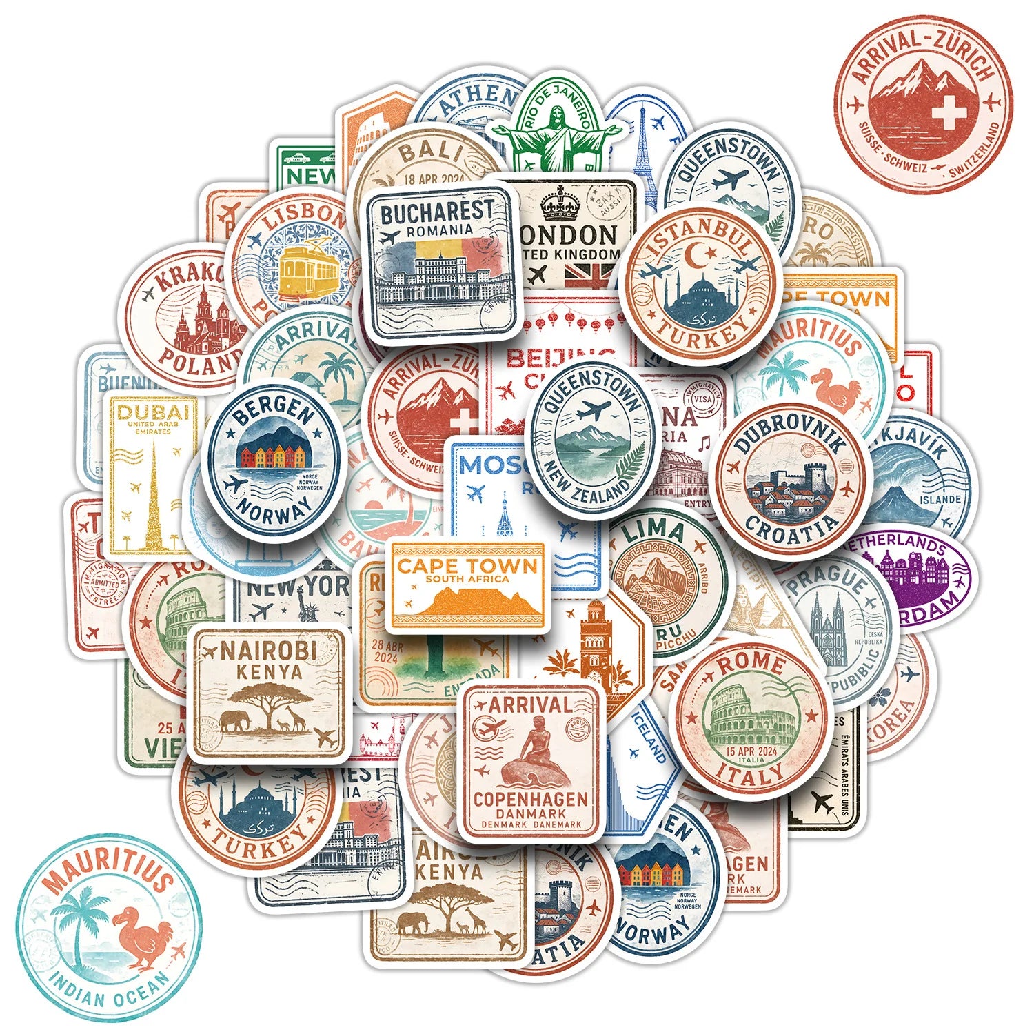 50-Pack Creative Graffiti Passport Stamp Decal Stickers for Students Stationery Water Cup Computer Waterproof Decoration