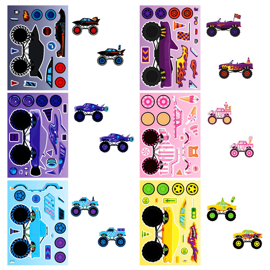 6/12/18Pcs Monster Racing Puzzle Stickers, Funny DIY Decals for Stationery Laptop Fridge Car Helmet Suitcase Decor