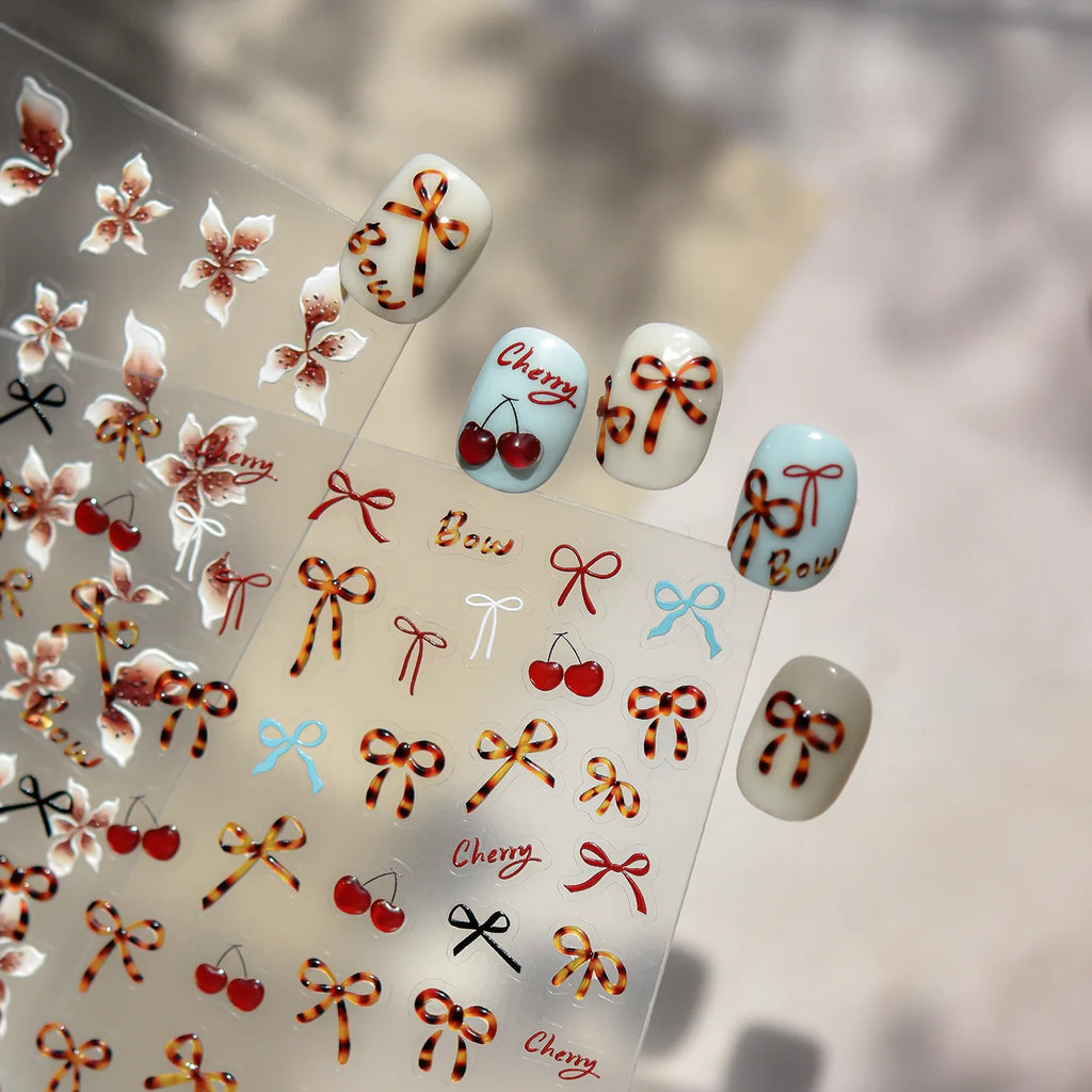 Autumn Winter Red Bows Nail Stickers 5D Jelly Amber Bows Cheery Self Adhesive Nail Art Stickers DIY Manicure Decorations Decals