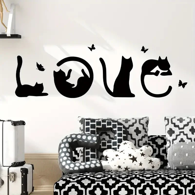 One Piece of Amusing And Adorable Wall Decals Featuring a Black Cat And a Butterfly Silhouette with The Word 'Love', Suitable fo