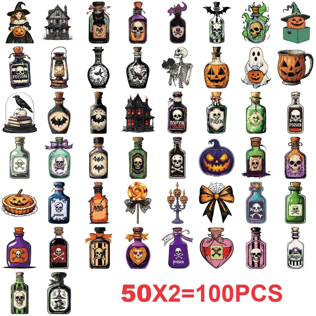 50/100PCS Cartoon Halloween Medicine Bottle Graffiti Stickers Guitar Notebook Luggage DIY Stationery Pen Holder Decor Stickers