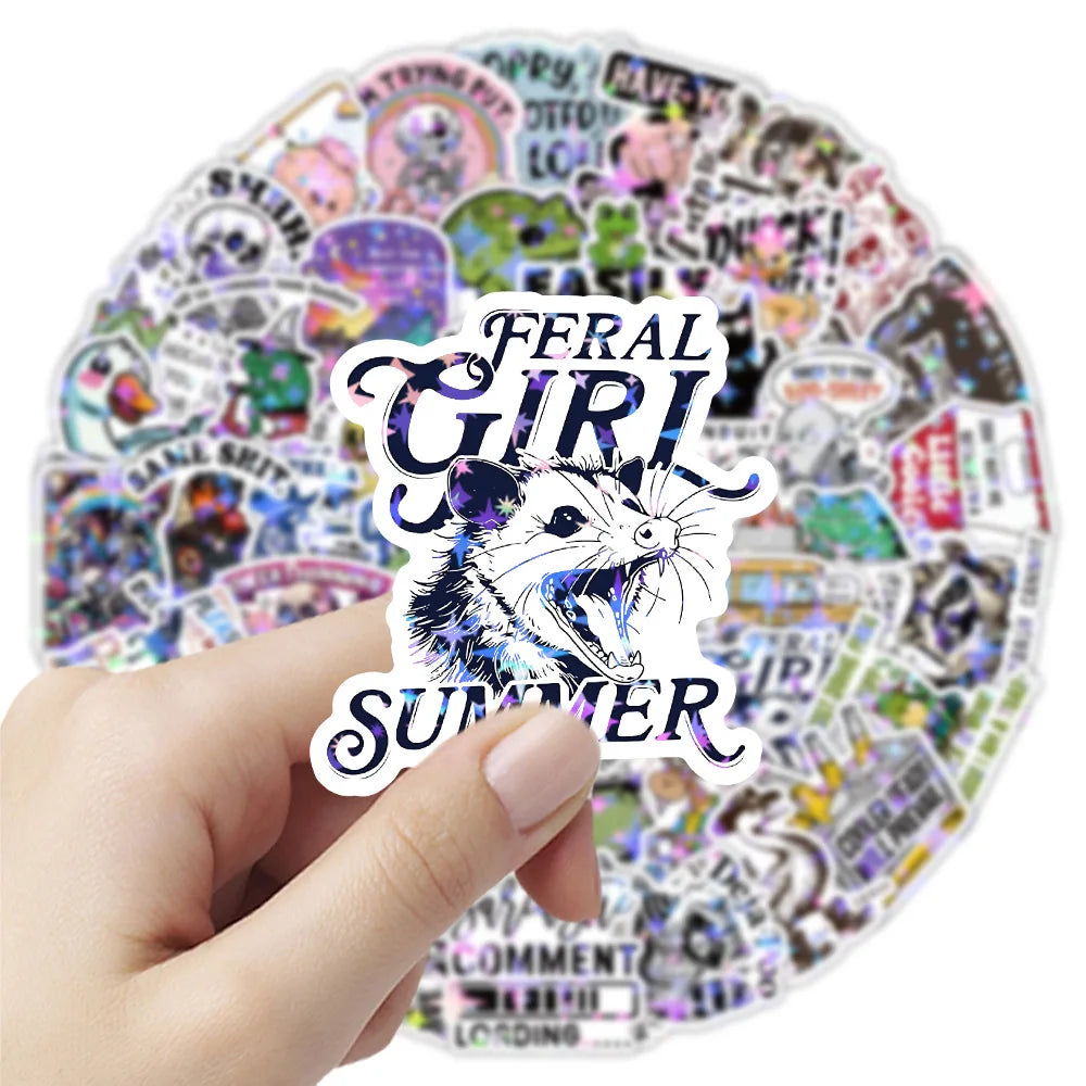 50/100 Pcs HD Holographic Funny Animal Quote Stickers DIY for Phone Notebook Lunch Box Helmet Bicycle Envelope No Trace Decals