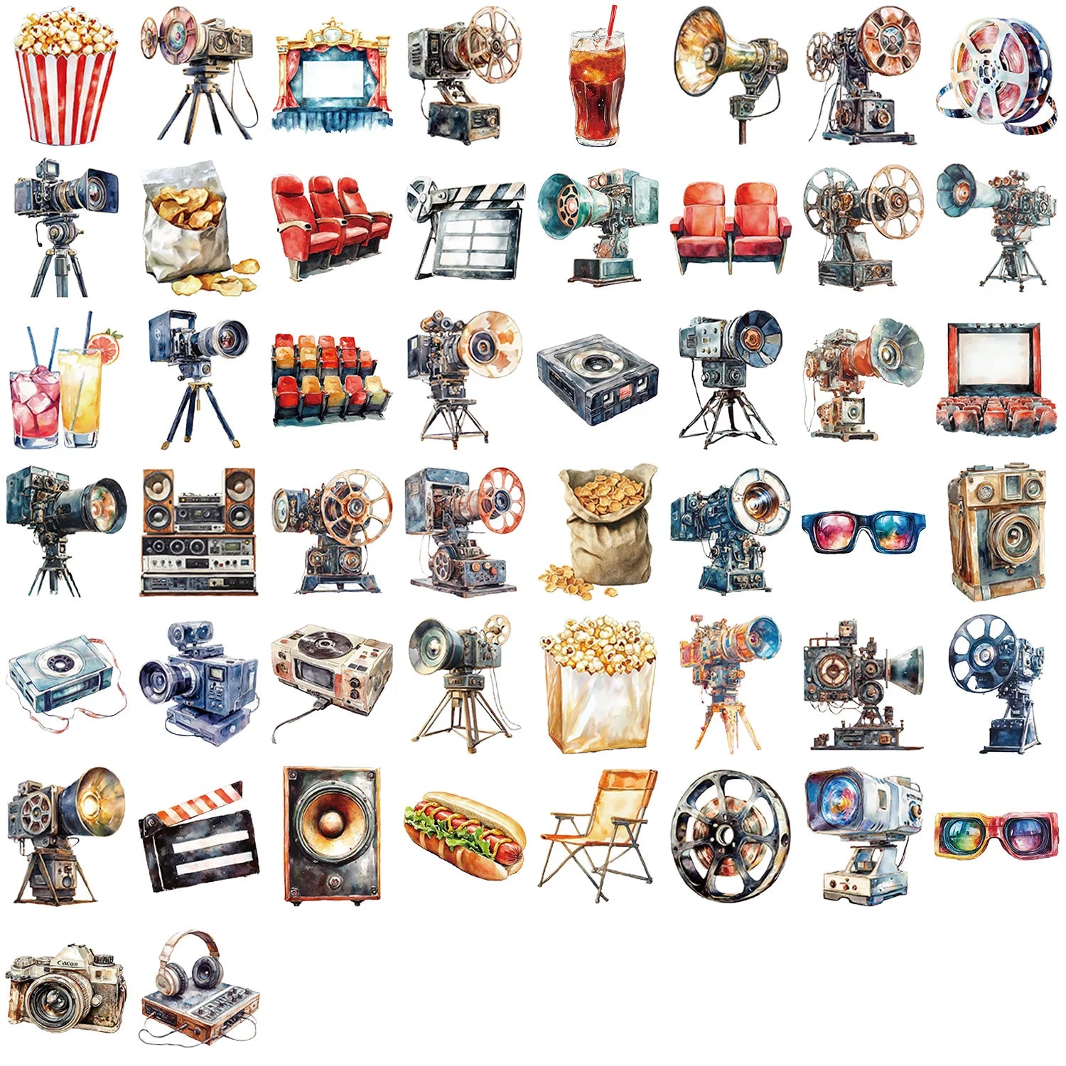 50/100 Pcs HD Colorful Retro Movie Theme Stickers Clear PET Waterproof for Scrapbook Guitar Notebook Phone Diary Decals