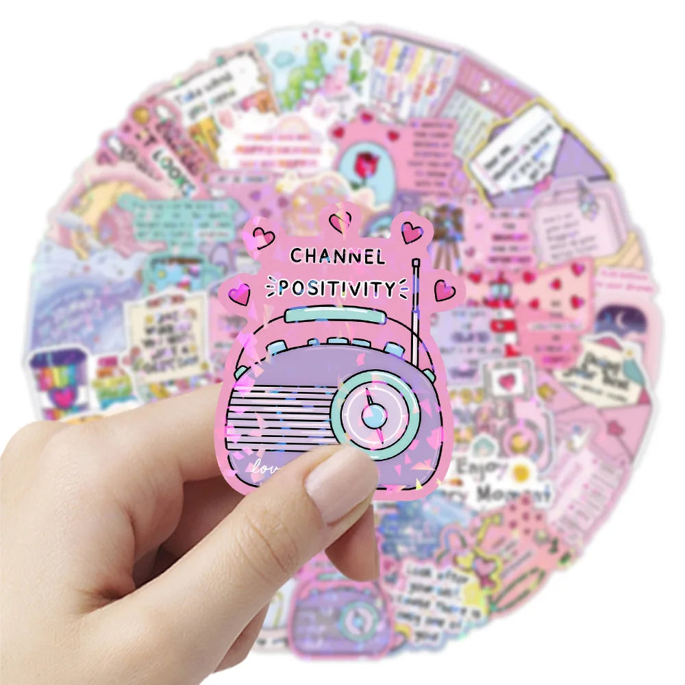 100/200PCS Cute Text Quotes Aesthetic Laser Stickers Notebook Water Cup Desktop Computer Decoration Reward Stickers