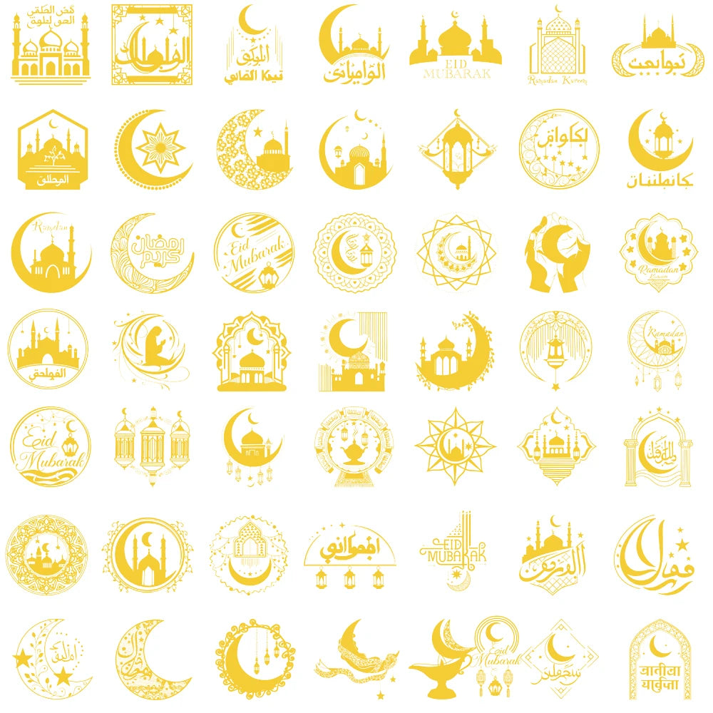 50PCS Eid Mubarak Print Stickers Notebook Gold Stamping Laptop Bicycle Graffiti Luggage Cartoon Suitcase Graffiti Laptop Sticker