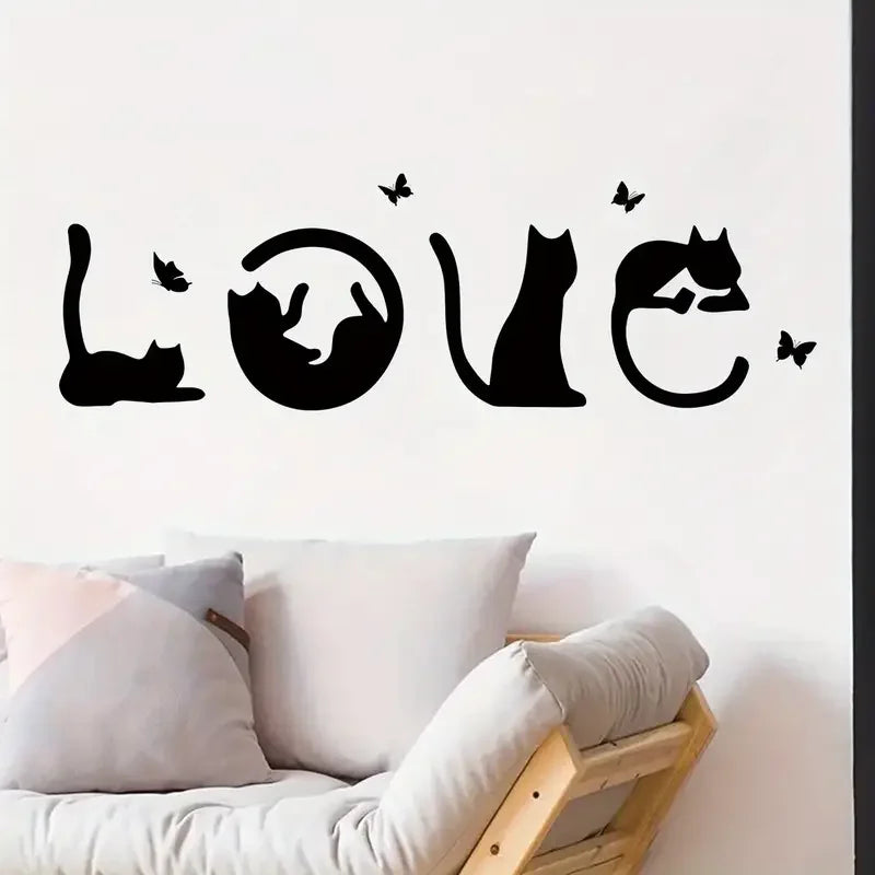 One Piece of Amusing And Adorable Wall Decals Featuring a Black Cat And a Butterfly Silhouette with The Word 'Love', Suitable fo