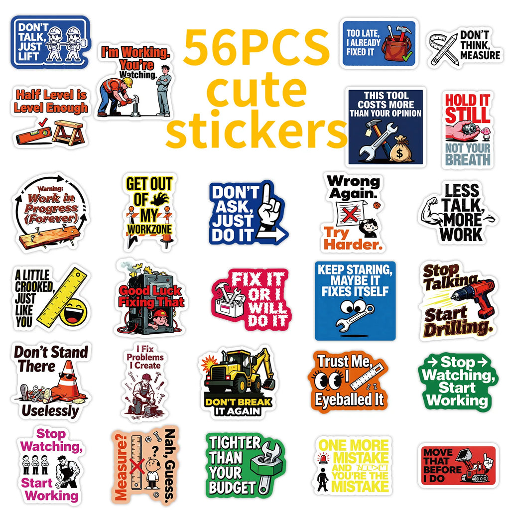 56PCS Construction Site Fun Quote Stickers, Safety Humor Decals Student Notebook Fridge Creative Aesthetic Decal Sticker