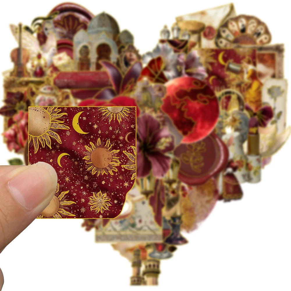 50PCS Retro European Court Style Red Gold Version Sticker Harajuku Cartoon Bicycle Comfortable PET Photo Suitcase Retro Stickers