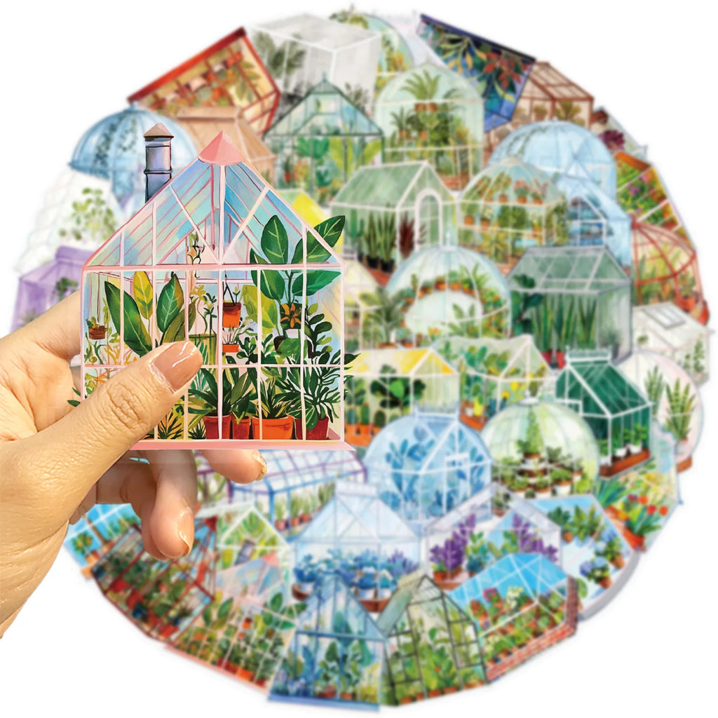50/100Pcs PET Clear Cartoon Greenhouse Plant Theme Stickers for Vase Cup Window Fridge Storage Box Drawer File Holder Waterproof