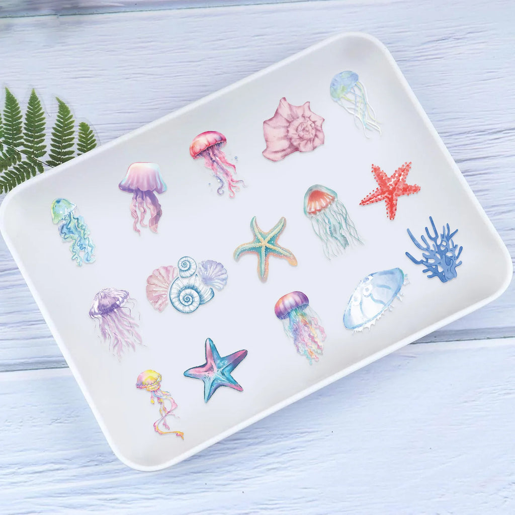 50PCS Set of Tropical Fish Graffiti Stickers Jellyfish Sea Star Shell Coral Stickers Decorative Frame DIY Waterproof Stickers