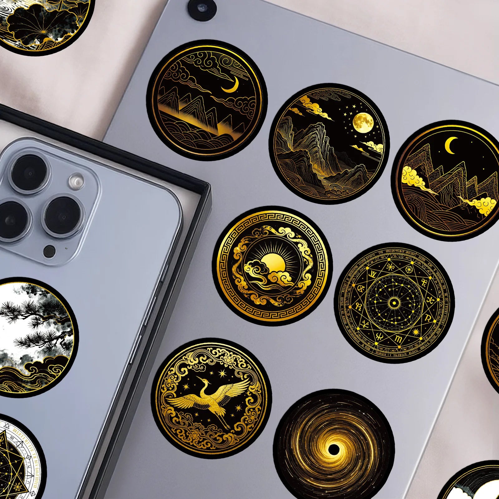 56/112Pcs Black Gold Space-themed PET Stickers - Unique Waterproof Decals for Notebook, Pencil Box, Bike, Suitcase, Laptop