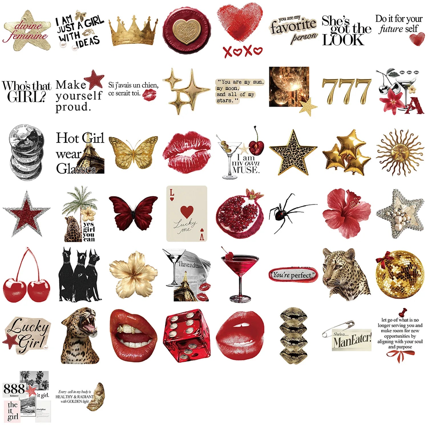 50/100pcs Y2k Stickers Gold&Red Lucky Girls DIY PVC Stickers Scrapbooking Phone Luggage Skateboard Waterproof Coquette Decals