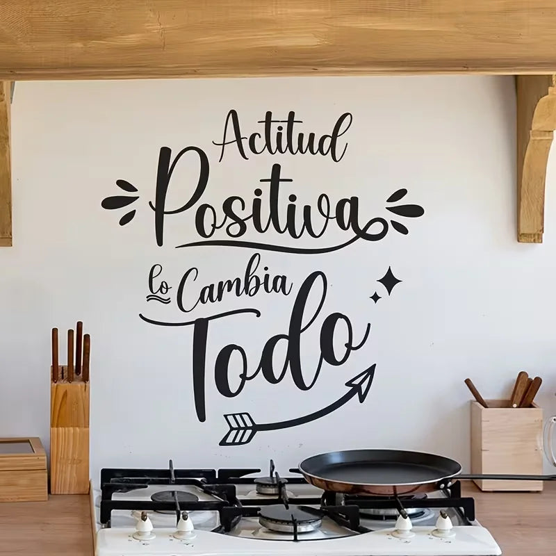 Inspirational "Positive Attitude" Kitchen Wall Sticker, Motivational Spanish Quotes Decorative Sticker, Vibrant Spring Atmospher