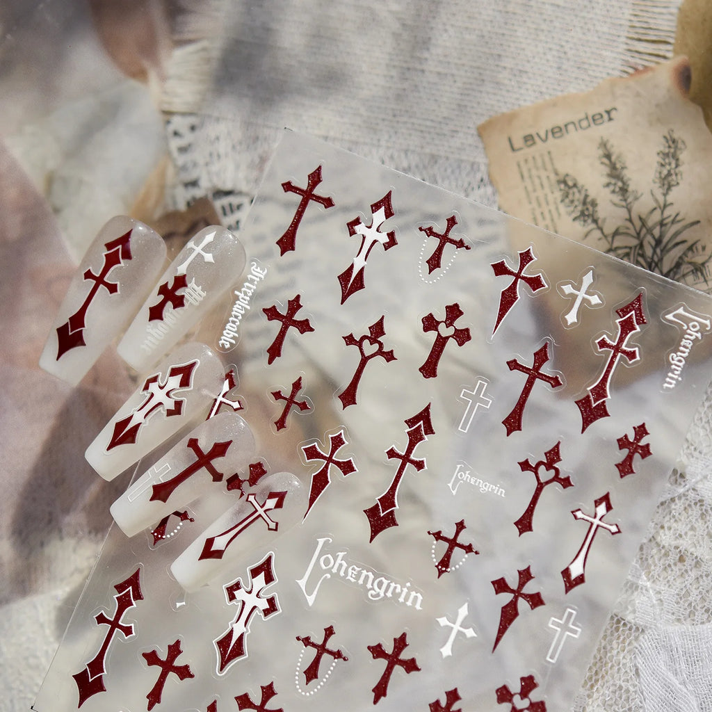 Red Cross Nail Decorations Stickers 5D Embossed Nail Art Stickers Choic Cross With Love Adhesive Manicure Accessories Decals DIY