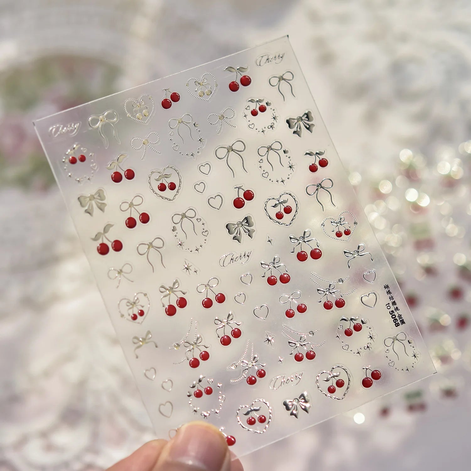 Sweet Strawberry Bow Nail Art Stickers 5D Gold Silver Strawberry Cherry Metal Nail Stickers DIY Japanese Nails Decoration Decals