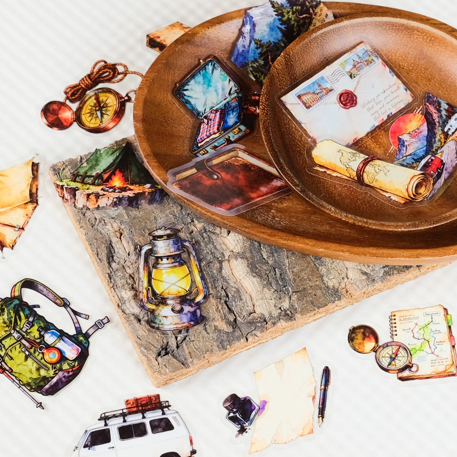 56Pcs Travel Outdoor Vintage PET Stickers, Watercolor Adventure Decals Children's Waterproof Stationery Notebook Stickers