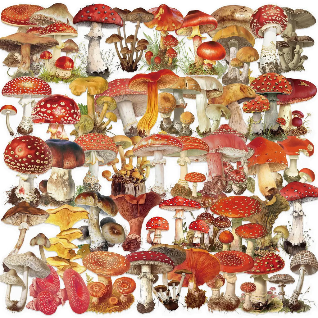 50-100PCS Cartoon Retro Mushroom Stickers Waterproof Transparent PET Decorative Guitar Notebook Stationery Stickers