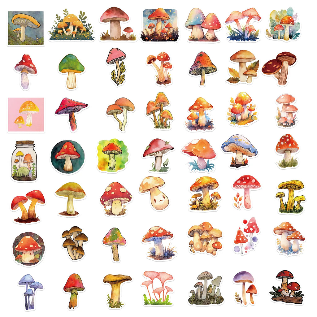 50/200PCS Cartoon Watercolor Mushroom Graffiti Stickers Luggage Guitar Notebook Stationery Decoration Waterproof Stickers