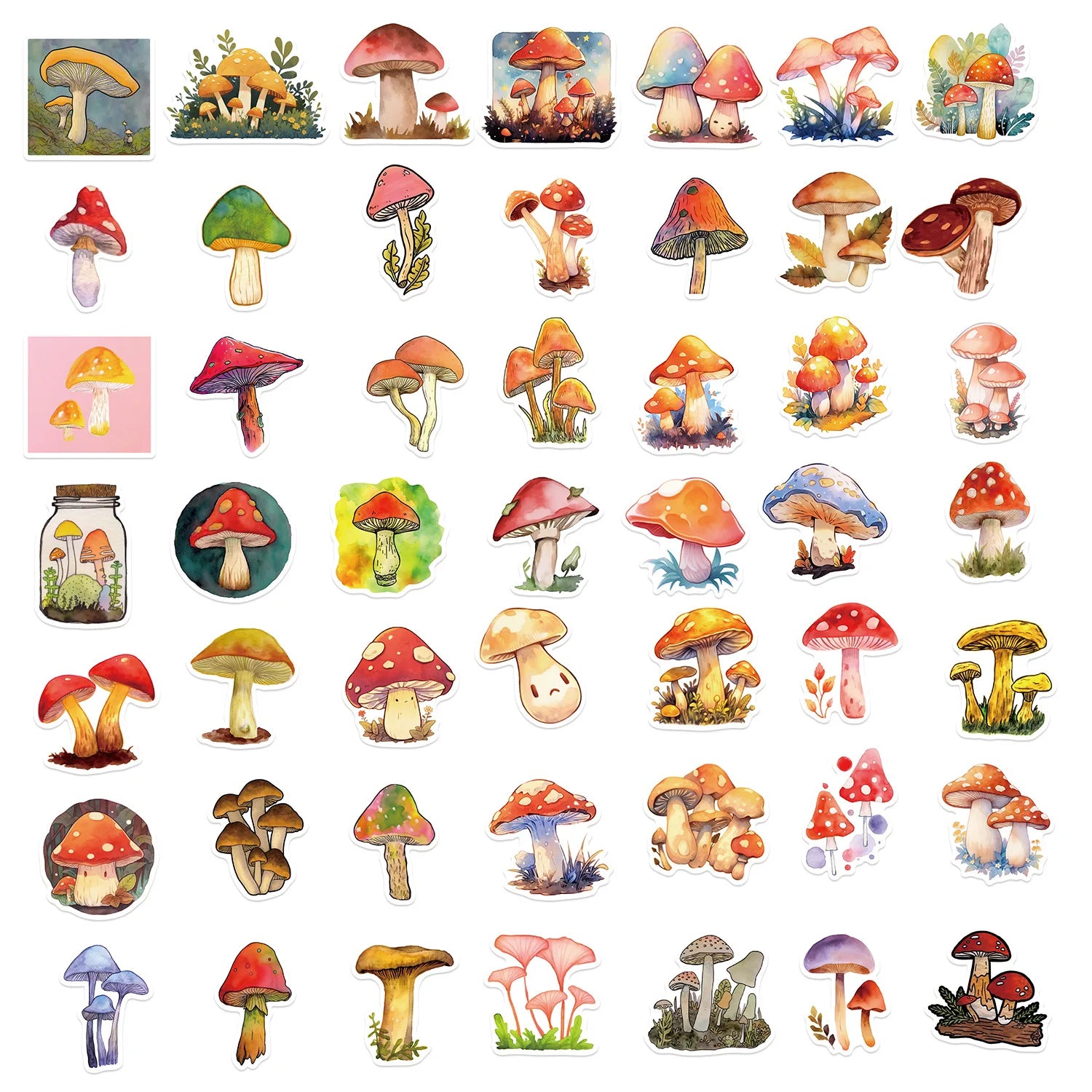 50/200PCS Cartoon Watercolor Mushroom Graffiti Stickers Luggage Guitar Notebook Stationery Decoration Waterproof Stickers
