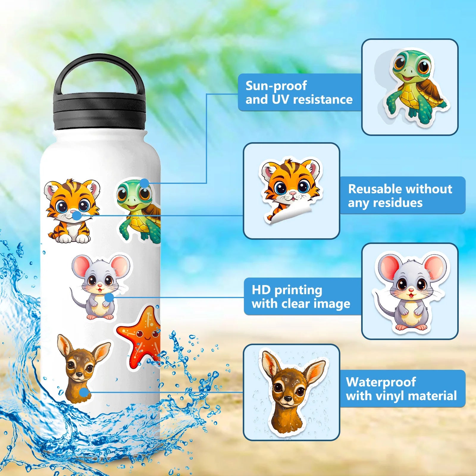 50pcs large eyed animal stickers new cartoon cute natural small animal graffiti stickers children's toys