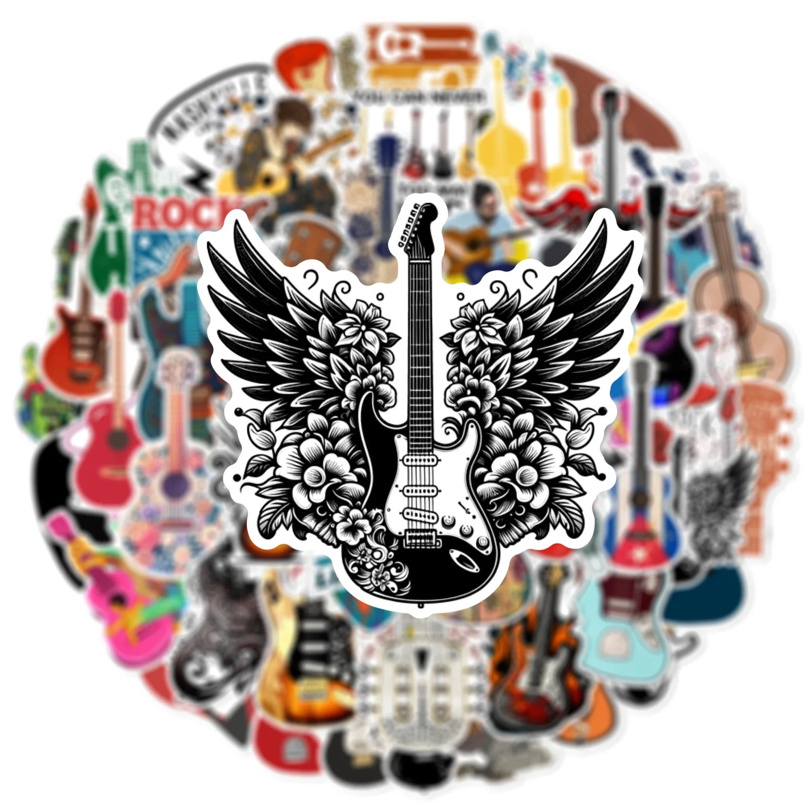 50/100 Pcs Reusable Trendy Guitar Instrument Doodle Stickers for DIY Notebook Scooter Guitar Piano Helmet Car Suitcase Decals