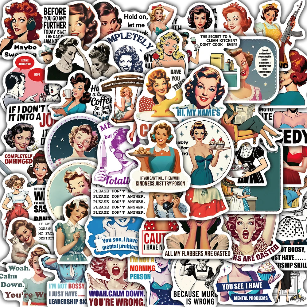 50PCS Retro 80s Woman Sarcastic Housewife Print Sticker Aesthetic Scrapbooking Graffiti Sticker Coffee Phone Greeting Stickers