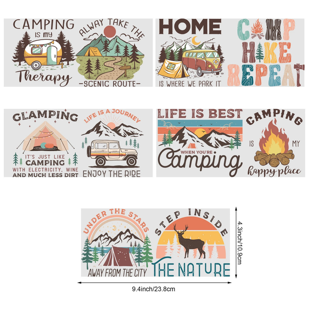 5 sheets Camping UV DTF Cup Stickers, Glass Cup Sports DTF Transfer Stickers, Waterproof Wipeable Transfer Paper