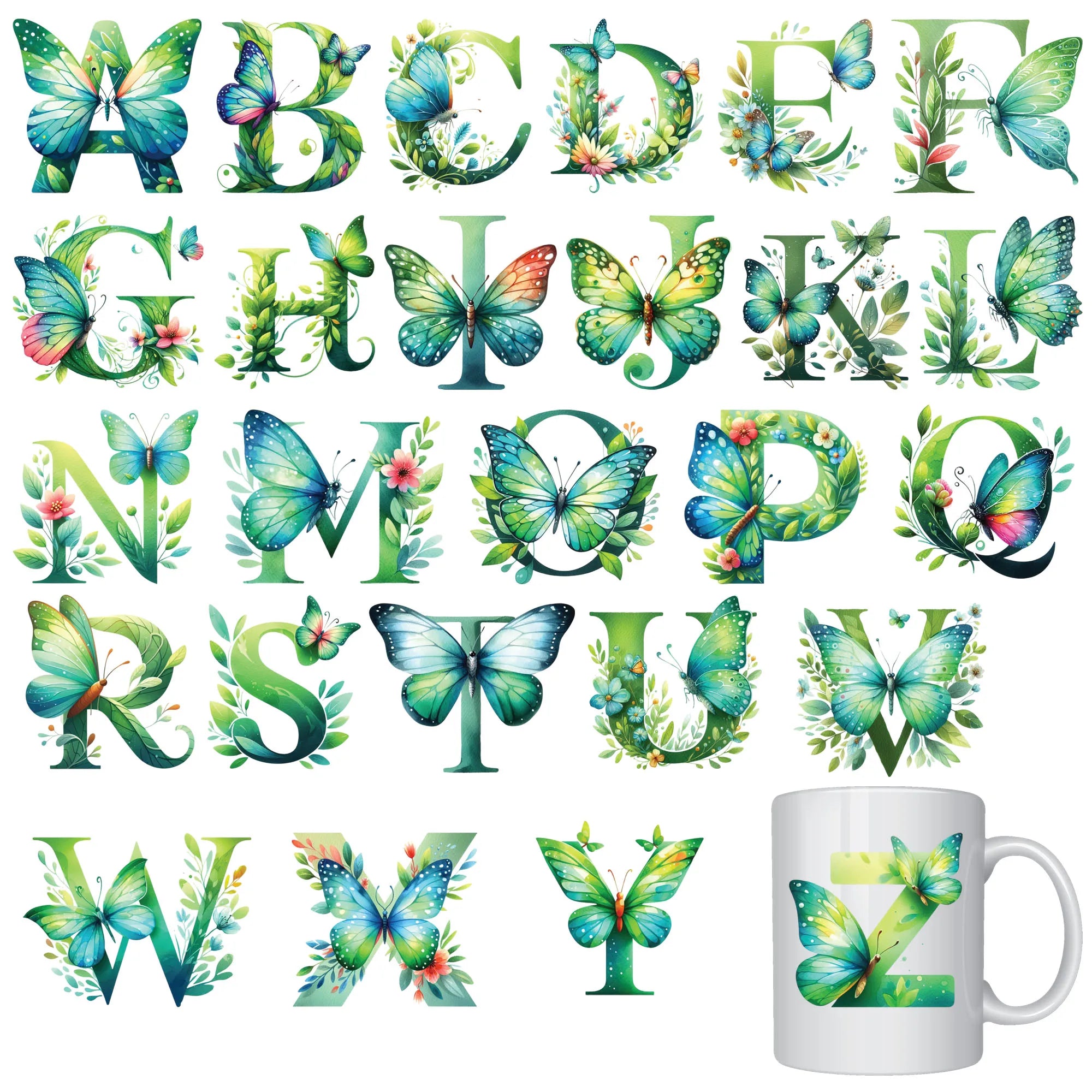 26 sheets Alphabet Flowers A - Z Design UV DTF Transfer Sticker Decals for Office and Home 16oz Alphabet Waterproof Stickers