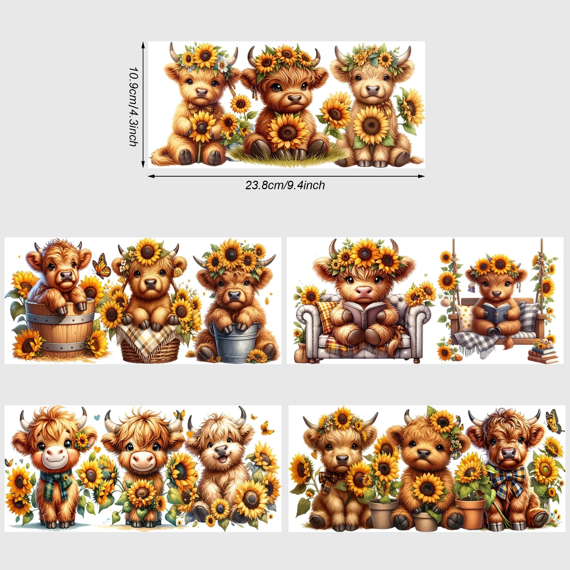 5 Sheets Animal UV DTF Cup Stickers, DTF Friction Transfer Stickers, Waterproof Cow Horse Duck Transfer Stickers