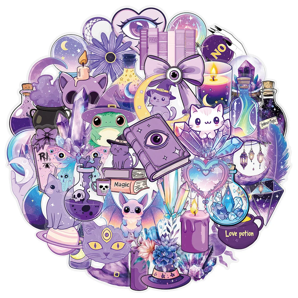 50/100PCS Transparent PET Laser Gothic Witch Stickers Tablet Phone Creative Stickers Notebook Stationery Children Reward Decor