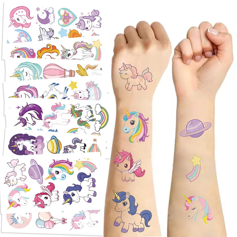 10Pcs Disposable Water Transfer Printing Unicorn/butterfly/Watch Luminous Tattoo Stickers Waterproof Party Gifts Funny Stickers