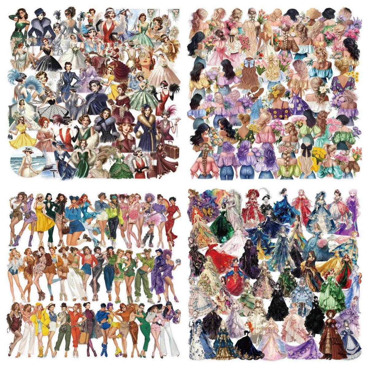 50-200PCS Cartoon Retro & Flower Girl Stickers Waterproof Transparent PET Decorative Guitar Notebook Stationery Stickers