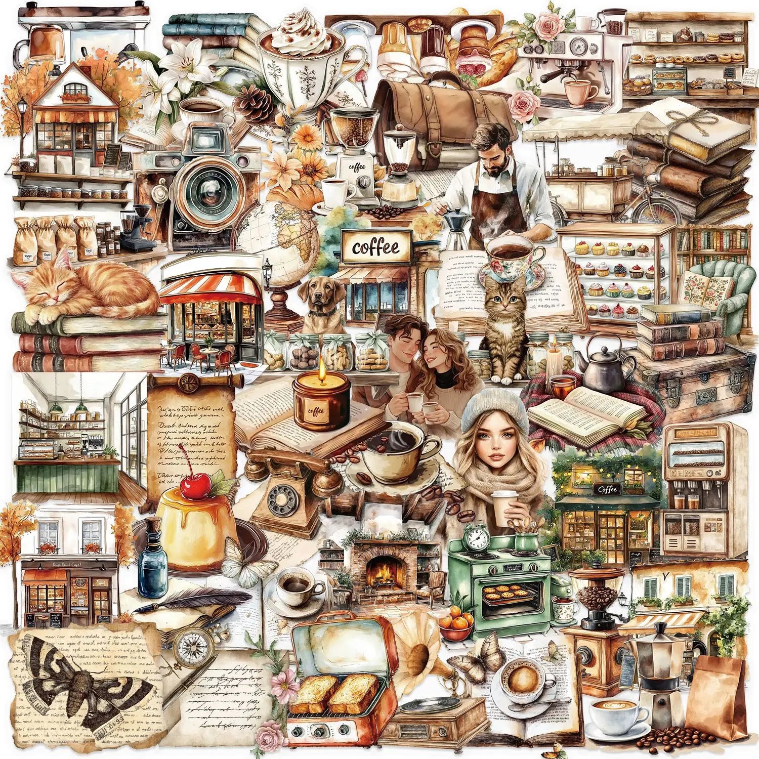 50/100PCS Transparent PET Retro Coffee Sticker Pack Waterproof Decorative Guitar Notebook Stickers