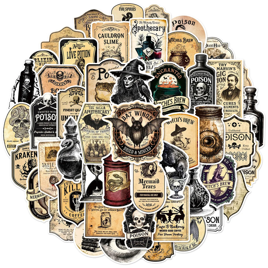 50/100 Pcs Vintage Apothecary Witch Potion Doodle Stickers for Scooter Notebook Suitcase Decals DIY Game Reward Decals