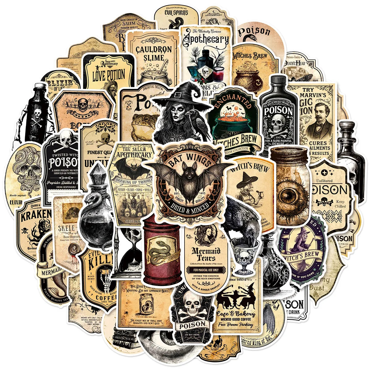 50/100 Pcs Vintage Apothecary Witch Potion Doodle Stickers for Scooter Notebook Suitcase Decals DIY Game Reward Decals