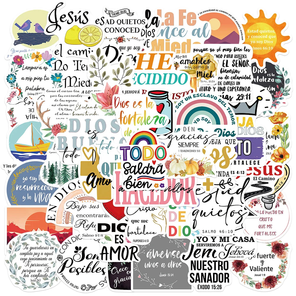 50PCS Spanish Bible Sticker Harajuku Laptop Phone Cars Aesthetic Waterproof Skateboard Coffee Nostalgia Landscape Decal Stickers