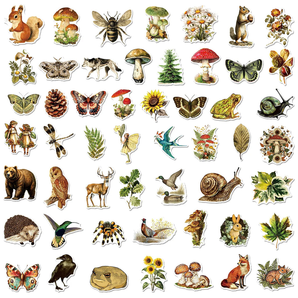 50/100PCS Retro Animal & Plant Graffiti Stickers Water Cup Decoration Stickers Luggage Tablets Diary DIY Stickers
