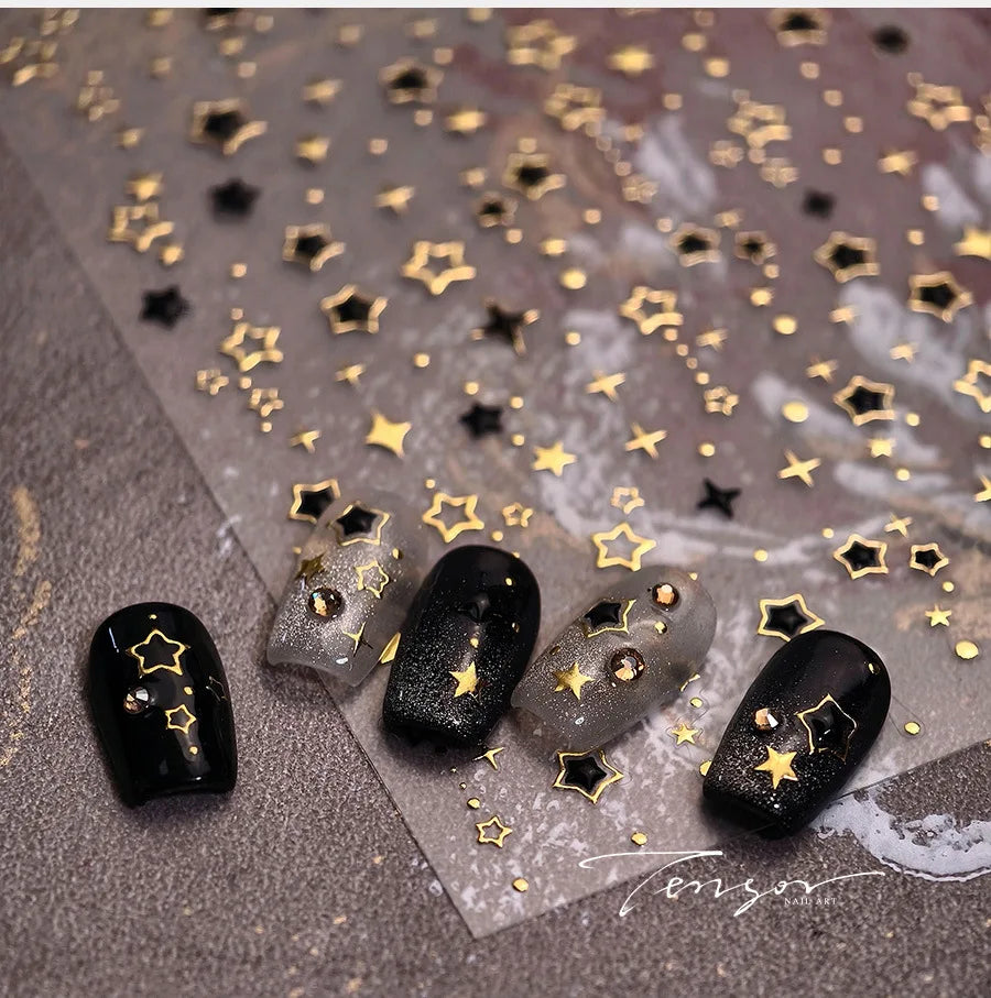 5D Luxury Star Nail Stickers Shiny Stars Black Silver Nail Decals Gilding Hollow Out Five-Pointed Nail Art Design Decorat Slider