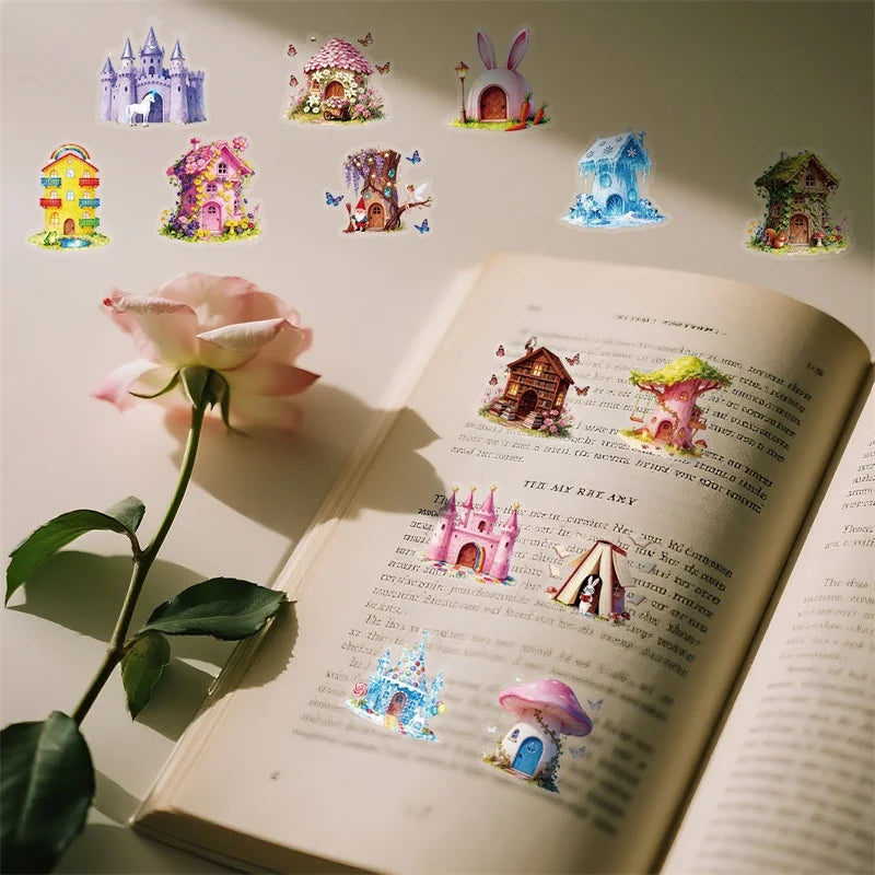 56PCS Fairy Tale Mushroom PET Sticky Sticker Aesthetic Tear Open DIY Decoration Scrapbooking Stationery Supplies for Kids