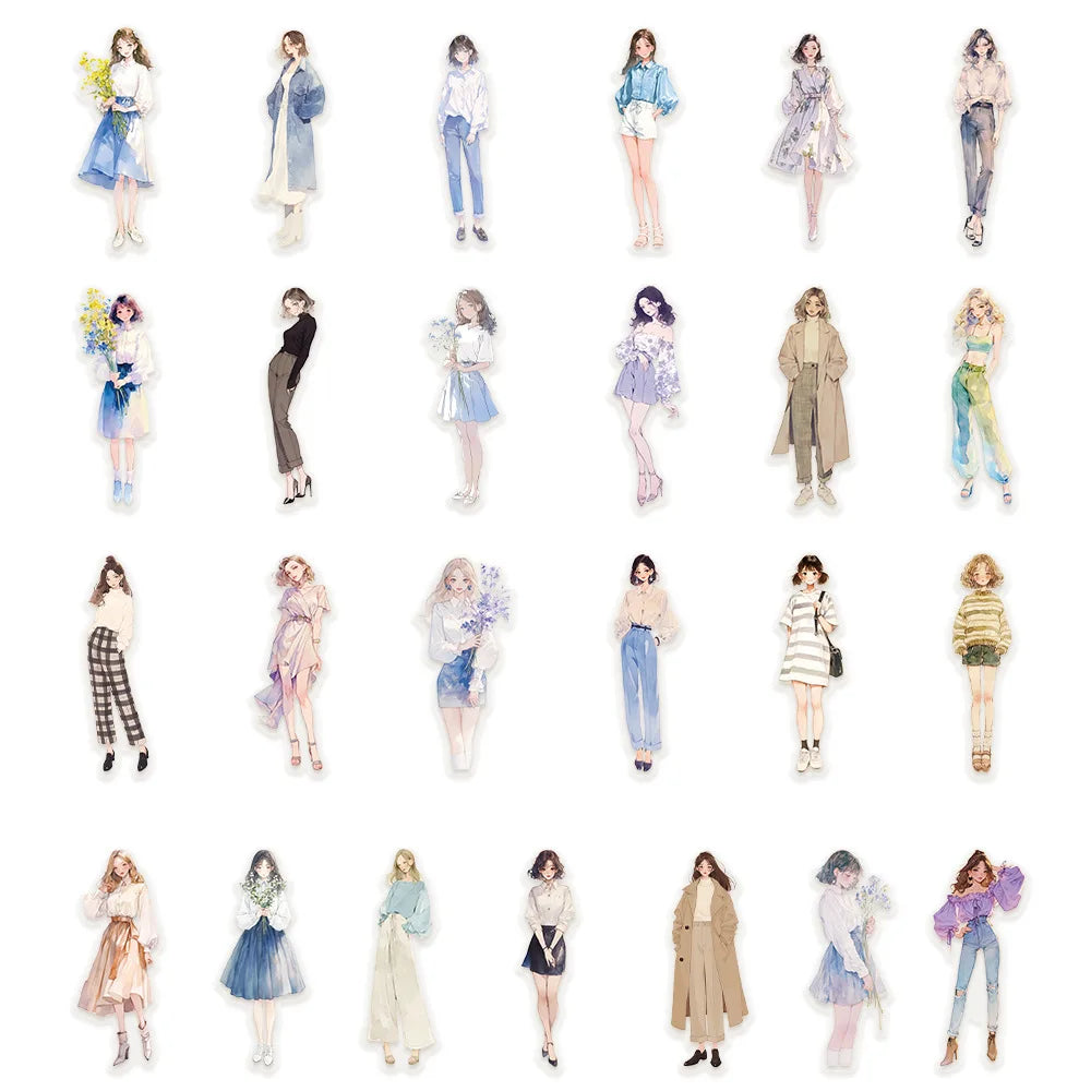 50Pcs Cartoon High Street Girl Wearing PET Material Transparent Stickers Water Cup Phone Case Guitar Fashion Decorative Stic