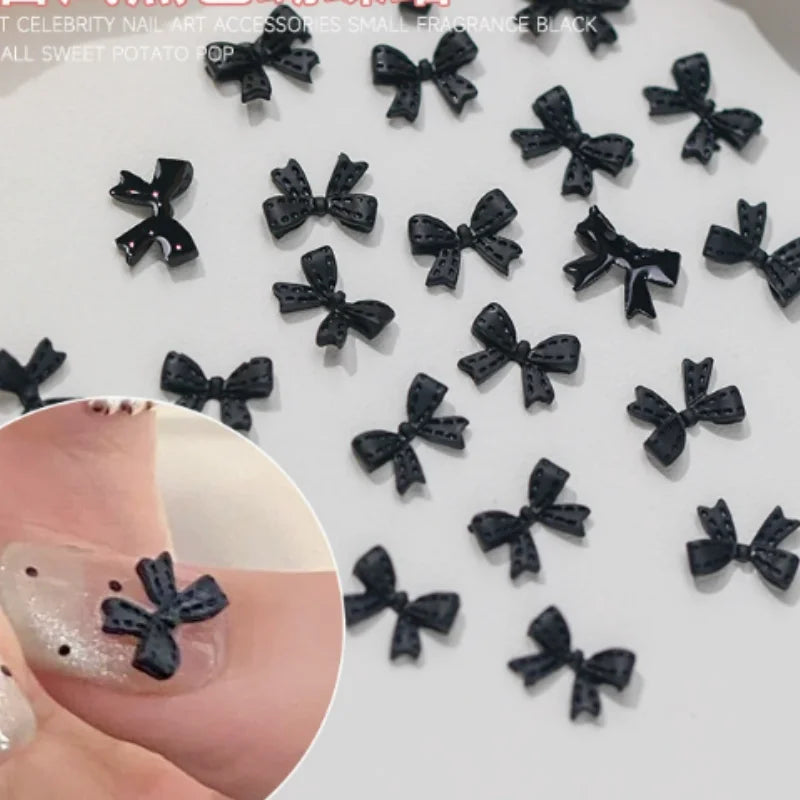 New Ribbon Bow Nail Art Accessories Black Dot Butterfly Bow Kont Bow Tie Nail Charms Flatback Resin Nail Rhinestones Decorations