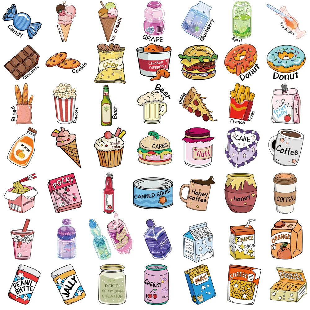 50PCS Snack Club Stickers Cartoon Skateboard Luggage Cafe DIY Laptop Classic Scrapbooking School Supplies Classic Cartoon Decal