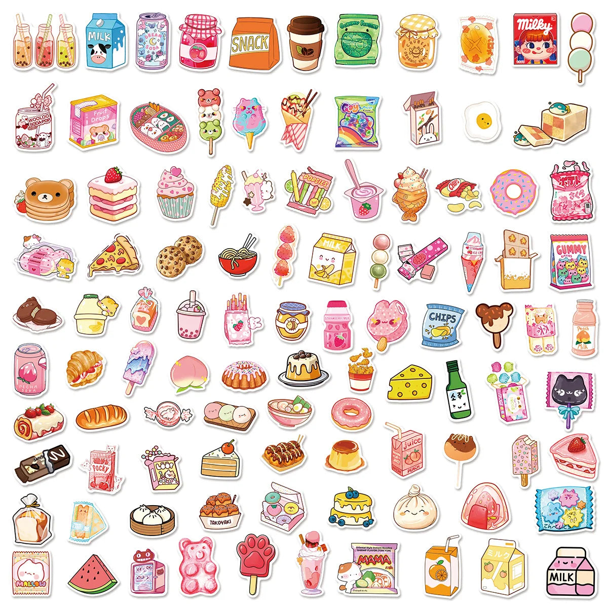 100PCS Cute Snack Stickers for Notebook Stationery Skateboard Helmet
