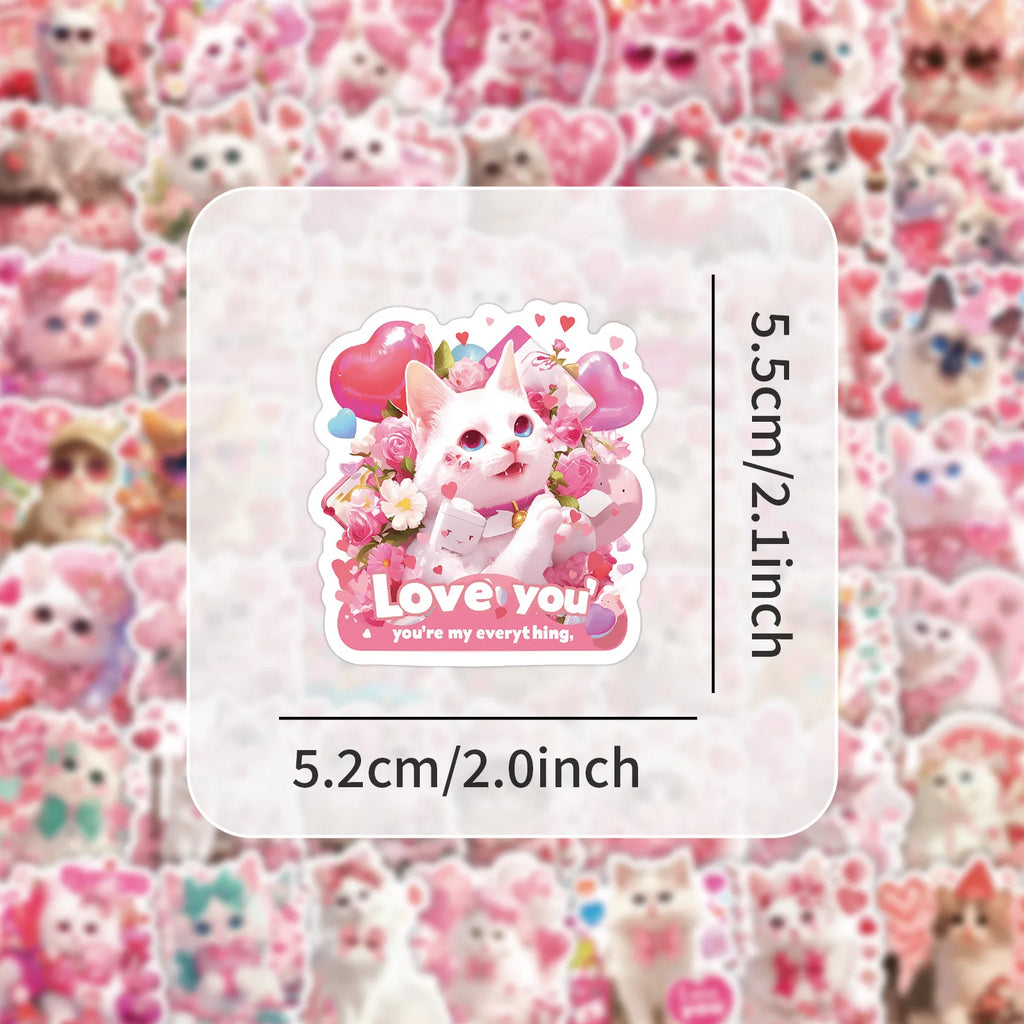 50-Pack Pink Valentine's Day Cat Doodle Stickers Waterproof Cute Decorations for Water Bottle Guitars Mobile Tablet Luggage